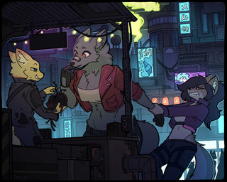 anthro arm_pull band-aid band-aid_on_face band-aid_on_nose bandage bandage_on_face bandage_on_nose black_clothing black_gloves black_handwear breasts city city_background cleavage clothed clothing crop_top cyberpunk female futuristic gloves group handwear interested jacket leather leather_clothing leather_jacket leather_topwear male night outside pulling_another raining red_clothing red_eyes red_jacket red_topwear scam shirt smile smirk store storekeeper topwear trio eviex_01 canid canine canis mammal wolf 5:4 hi_res