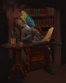 accessory anthro armchair black_clothing black_footwear black_necktie black_sclera black_shoes bookshelf brown_clothing brown_topwear brown_vest chair classy clothed clothed_male clothing crossed_legs eyewear fangs fin fin_piercing footwear formal_wear fully_clothed fully_clothed_male furgonomic_piercing furgonomics furniture glasses grey_clothing grey_suit holding_newspaper holding_object holding_pipe male necktie newspaper piercing reading_newspaper round_glasses shoes sitting smoke smoking_pipe solo suit table teeth topwear vest white_dress_shirt white_eyes guyinvintageclothes nintendo pokemon vincent_(cosmicinteleon) generation_8_pokemon inteleon pokemon_(species) 2023 hi_res signature