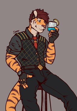 anthro bar_stool beverage black_bottomwear black_clothing black_pants black_topwear black_vest bottomwear brown_body brown_fur brown_hair brown_stripes clock clothed clothed_male clothing collared_shirt cosplay dress_shirt ear_piercing ear_stud fingerless_gloves fully_clothed fully_clothed_male fur furniture gloves grey_dress_shirt hair handwear holding_beverage holding_object looking_at_object male male_anthro necktie orange_body orange_fur otter_tail pants piercing pink_nose red_necktie shirt short_hair simple_background sitting smile solo stool striped_body striped_fur stripes tail thick_tail topwear vest watch whisker_spots white_body white_fur d3mo epic_games fortnite demo_(d3mo) oscar_(fortnite) felid mammal pantherine tiger 2024 hi_res signature