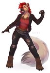 air_guitar alternative_fashion anthro belt black_bottomwear black_clothing black_pants bottomwear bracelet brown_body brown_fur bullet_belt chain clothing female fingerless_gloves fur gloves hair handwear jacket jewelry leather leather_clothing leather_jacket leather_topwear markings open_mouth pants punk red_clothing red_hair red_shirt red_topwear shirt solo spiked_bracelet spikes spots tail tan_body teeth tongue topwear torn_bottomwear torn_clothing torn_pants creativeevil abby_(tsarfox64) hyena mammal striped_hyena 2024 absurd_res hi_res