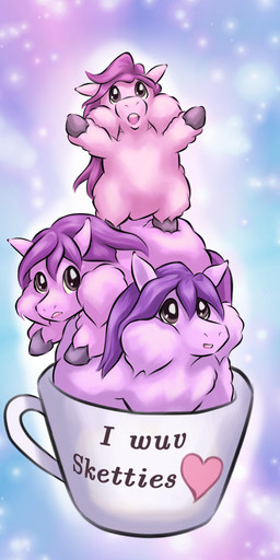 ambiguous_feral ambiguous_gender baby_talk container cup featureless_crotch feral fur grey_eyes grey_hooves group hair hooves mug on_hind_legs open_mouth pink_body pink_fur pink_hair puffed_cheeks purple_hair sparkles spread_arms text trio young young_ambiguous young_feral devilish_zimi fluffy_pony fluffy_pony_(species) mammal 2024 absurd_res digital_media_(artwork) english_text hi_res shaded wallpaper