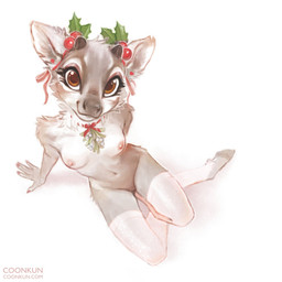 anthro antler_stump areola breasts brown_body brown_ears brown_eyes brown_fur cheek_tuft clothing facial_tuft female footwear fur holidays holly_(plant) hooves jewelry long_socks looking_at_viewer necklace nipples nude nude_anthro nude_female pink_areola pink_nipples plant simple_background smile socks solo text tuft white_background coonkun christmas deer mammal 1:1 2025 colored digital_drawing_(artwork) digital_media_(artwork) hi_res signature url