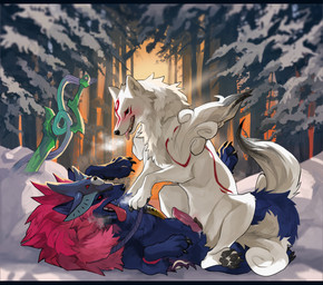 animal_genitalia animal_penis animal_vulva black_vulva blue_body blue_fur blush breath canine_genitalia canine_penis canine_vulva detailed_background dipstick_tail duo fangs female female_feral female_on_top feral fur genitals jewelry knot male male/female male_feral male_on_bottom markings mask melee_weapon multicolored_tail necklace on_bottom on_top paws penis pussyjob red_body red_eyes red_fur red_markings sex snow sword tail tail_markings teeth tongue tongue_out vulva weapon white_body white_fur wintom capcom clover_studio okami_(capcom) amaterasu_(okami) oki_(okami) canid canine canis deity mammal wolf