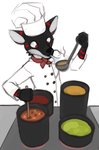 anthro appliance blowing chef chef_hat clothed clothing cooking food hat headgear headwear holding_object kitchen_utensils ladle male scarf simple_background solo soup stove tools white_background white_clothing marsminer canid canine canis mammal wolf