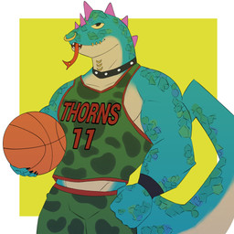 anthro ball basketball_(ball) basketball_uniform bottomwear claws clothed clothing collar facial_piercing green_body green_bottomwear green_clothing green_scales green_shirt green_shorts green_topwear head_spikes looking_at_viewer male mouth_piercing muscular muscular_anthro muscular_male neck_piercing nose_piercing piercing purple_spikes scales shirt shorts solo spikes spikes_(anatomy) sportswear studded_collar studs tail text text_on_clothing text_on_shirt text_on_topwear tongue tongue_out tongue_piercing topwear uniform yellow_sclera nicob04 goat_(movie) sony_corporation sony_pictures modo_olachenko komodo_dragon lizard monitor_lizard reptile scalie 1:1 2026 absurd_res digital_media_(artwork) hi_res
