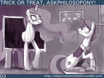 bodily_fluids chalkboard clothing cutie_mark drooling duo eyewear female feral glasses horn information_board male parody princess royalty saliva scared shirt tail text topwear wings john_joseco friendship_is_magic hasbro my_little_pony mythology princess_celestia_(mlp) equid equine mammal mythological_creature mythological_equine winged_unicorn 4:3 english_text monochrome source_request url