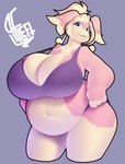 anthro big_breasts blonde_hair blue_eyes bra breasts clothing female fur hair huge_breasts looking_at_viewer navel overweight overweight_female pink_body pink_fur pokemorph simple_background smile solo standing teeth thick_thighs underwear wide_hips yellow_body yellow_fur alwaysfaceleft nintendo pokemon audino generation_5_pokemon pokemon_(species) absurd_res hi_res