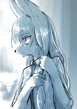 5_fingers anthro clothed clothing collar dripping female female_anthro fingers hair kemono long_hair necktie pink_eyes playing_with_hair raining shirt snout solo standing topwear touching_hair miyajuuuun canid canine fox mammal 2020 blue_theme hi_res