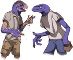 anthro bag claws clothed clothing cookie duo eating eyewear food glasses green_sclera hair hair_loss male mid_transformation paperbag pupils purple_body purple_scales scales simple_background slit_pupils transformation transformation_through_food white_background sturaptor goosebumps creep_(goosebumps) human mammal scalie hi_res