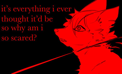 ambiguous_gender anthro gore hair red_body sharp_teeth simple_background solo teeth text wide_eyed katla_(artist) canid canine fox mammal hi_res