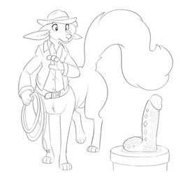 belt clothing digitigrade dildo fluffy fluffy_tail hat headgear headwear humanoid_dildo jacket male paws quadruped sex_toy shirt simple_background solo tail topwear white_background halbean twerp_(halbean) citra citra_taur mammal mammal_taur taur 2025 digital_media_(artwork) hi_res monochrome sketch