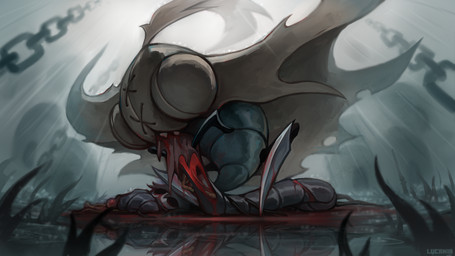 ambiguous_gender black_body black_exoskeleton black_legs blood bodily_fluids chain clothing corpse death eating exoskeleton feral glistening gore grass mouth_hold plant raining reflection sharp_teeth teeth text water water_reflection lucaniamc hollow_knight:_silksong hollow_knight_(franchise) team_cherry arthropod insect moorwing thread_raker 16:9 2025 artist_name english_text hi_res widescreen