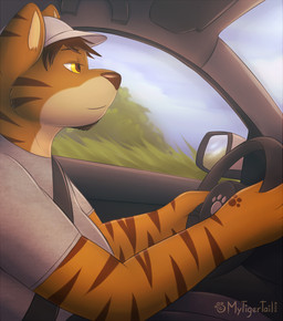 anthro car clothing countershading hat headgear headwear inside_car inside_vehicle male solo vehicle mytigertail gabe_(mytigertail) felid mammal pantherine tiger 2015 signature