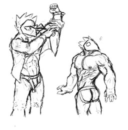 anthro bulge clothed clothing duo eyewear glasses hair male mask muscular muscular_male nipples pecs simple_background zachsroom deltarune undertale_(series) swatch_(deltarune) avian bird darkner swatchling digital_media_(artwork) monochrome sketch