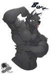 anthro big_biceps black_body black_fur black_nose cheek_markings cheek_tuft clothed clothing facial_markings facial_tuft fur gesture hand_gesture head_markings head_tuft looking_at_viewer male markings muscular muscular_anthro muscular_male naughty_face navel reverse_v_sign serratus simple_background solo tongue tongue_out topless tuft v_sign white_background yellow_eyes alphamoonlight gab_(comic) bort_(gabshiba) canid canine canis domestic_dog mammal tamaskan_dog half-length_portrait portrait