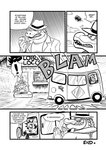alligator alligatorid anthro black_and_white building canid canine canis cellphone clothing comic cregon crocodile crocodilian crocodylid dialogue duo electronics english_text fedora fred_guara gesture hand_gesture hat headgear headwear hi_res house male mammal medium_truck monochrome open_mouth phone reptile scalie speech_bubble text thumbs_up truck_(vehicle) van vehicle wolf yuski