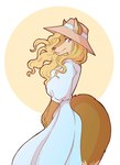 anthro blonde_hair blue_eyes brown_nose clothed clothing dipstick_tail dress female fur hair hat headgear headwear looking_at_viewer markings orange_body orange_fur solo tail tail_markings morgdl jennifer_sherwood canid canine fox mammal