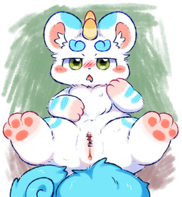 arm_markings blue_body blue_ear_tips blue_eyebrows blue_fur blue_tail blush blush_lines bodily_fluids censor_bar clitoris crossgender dipstick_ears drooling ear_markings eyebrows feet feet_in_air female feral fur genitals green_eyes heart_eyes heart_symbol horn humanoid_genitalia humanoid_vulva inner_ear_fluff lying markings multicolored_body multicolored_ears multicolored_fur on_back open_mouth pawpads paws pink_inner_ear round_ears saliva simple_background smile solo tail tuft two_tone_body two_tone_fur vulva white_body white_fur unknown_artist asian_mythology chinese_mythology east_asian_mythology fabulous_beasts fenz_(studio) mythology tianlu_(fabulous_beasts) canid canine mammal mythological_creature pixiu absurd_res censored digital_media_(artwork) hi_res