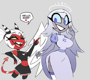 4_fingers 6_wings armwear black_armwear black_bottomwear black_clothing black_crop_top black_elbow_gloves black_eyeshadow black_fingerless_gloves black_gloves black_handwear black_shirt black_skirt black_topwear blue_clothing blue_dress blue_eyes blue_sclera bottomwear breasts clothing crop_top dialogue dress duo elbow_gloves eyeshadow female fingerless_gloves fingers flirting freckles gesture gloves grey_body grey_skin hair halo halter_top hand_gesture handwear heart_symbol horn larger_female larger_humanoid legwear long_hair makeup midriff multi_wing navel one_eye_closed open_mouth open_smile pointing pointing_at_another red_body red_skin sharp_teeth shirt side_slit_dress simple_background size_difference skirt small_breasts small_waist smaller_female smaller_humanoid smile spade_tail striped_horn stripes tail teeth text thigh_highs topwear white_hair wings wink nelljoestar hazbin_hotel hellaverse emily_(hazbin_hotel) angel demon demon_humanoid horned_humanoid humanoid imp seraph_(angel) tailed_humanoid winged_humanoid 2025 english_text hi_res trans_(lore) trans_woman_(lore)