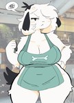 :< angry anthro apron apron_only arms_bent big_breasts biped black_ears black_tail bone bone_print bone_print_apron breasts closed_frown clothed clothing cross-popping_vein female female_anthro floppy_ears frown frown_eyebrows frustration_cloud fur grumpy hair hair_over_eye half-closed_eyes hand_on_hip hand_on_own_hip holding_hips holding_object holding_pen huge_breasts iconography kemono menu menu_board mostly_nude mouth_closed narrowed_eyes one_eye_obstructed pen photo_background print_apron print_clothing service_menu short_hair solo speech_bubble standing tail teal_apron teal_clothing waiter white_body white_fur white_hair wide_hips puppkittyfan1 i_mean_breast_milk pepper_(puppkittyfan1) canid canine canis domestic_dog mammal 2021 digital_media_(artwork) hi_res meme photography_(artwork) portrait redraw shaded simple_shading three-quarter_portrait