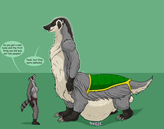 animal_genitalia anthro balls belly big_belly bottomwear brown_eyes claws clothed clothing dialogue duo female female_anthro fully_inside fully_sheathed fur genitals green_background green_eyes grey_body grey_fur loincloth loincloth_only male male_pred male_taur markings saddle sheath simple_background size_difference speech_bubble striped_body striped_fur striped_markings striped_tail stripes tail tail_markings taur_pred text topless vore whiskers strega bartleby_(strega) badger mammal mammal_taur mustelid musteline procyonid raccoon taur english_text hi_res