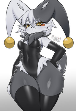 anthro armwear black_armwear black_claws black_clothing black_legwear black_nose black_stockings breasts cheek_tuft claws clothing eyelashes facial_tuft female fingers fur grey_body grey_eyelashes grey_fur grey_hair grey_tail hair hair_between_eyes hand_on_hip latex latex_armwear latex_clothing latex_legwear latex_leotard latex_stockings legwear leotard long_eyelashes looking_at_viewer medium_breasts multicolored_hair navel pupils serious_face short_hair solo stockings tail thick_thighs tuft two_tone_hair white_pupils wide_hips yellow_eyes hestid dupin_(pal) absurd_res colored digital_drawing_(artwork) digital_media_(artwork) hi_res shaded