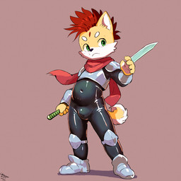 anthro armor belly biped bodysuit bulge clothed clothing detailed_bulge frown green_eyes latex latex_clothing latex_skinsuit looking_away male melee_weapon mohawk navel pose scarf shota skimpy skinsuit slightly_chubby solo standing sword tight_clothing unconvincing_armor weapon young young_anthro young_male oddscreen canid canine canis domestic_dog mammal shiba_inu spitz 1:1