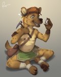 2023 4:5 5_fingers anthro brown_pawpads clothed clothing fangs feet fingers fur gnoll hair hi_res holding_object hyena male mammal markings nipples open_mouth pawpads pupils rov signature soles solo spots spotted_body spotted_fur teeth yellow_eyes young young_anthro