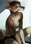 absurd_res anthro biped breasts canid canine canis cheek_tuft clothed clothing coyote ears_back facial_tuft female green_eyes hair hi_res hriscia mammal nipples pivoted_ears sahara_(nicnak044) sitting smile solo topless tuft whiskers