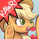 1:1 applejack_(mlp) blonde_hair blush clothing earth_pony equid equine female feral friendship_is_magic green_eyes grey_background hair hasbro hat headgear headwear horse low_res lumineko mammal my_little_pony open_mouth pony rawr simple_background solo teeth