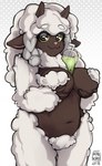 :3 anthro anthrofied belly between_breasts beverage big_breasts biped black_eyes braided_hair breasts brown_body brown_skin bubble_tea crotch_tuft dark_body dark_skin female fluffy fluffy_hair front_view fur glistening glistening_eyes hair hand_on_breast hand_on_own_breast hand_under_breast holding_breast horizontal_pupils horn long_hair looking_at_viewer monotone_body monotone_fur monotone_hair naturally_censored navel neck_tuft nipple_tuft nude object_between_breasts pattern_background pigtails pink_inner_ear pink_nose pokemorph pupils simple_background slightly_chubby smile solo standing tuft white_body white_fur white_hair white_pupils wool_(fur) yellow_sclera rinkae hands-free_bubble_tea nintendo pokemon bovid caprine generation_8_pokemon mammal pokemon_(species) wooloo digital_media_(artwork) meme portrait three-quarter_portrait