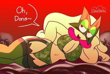 anthro big_breasts bra breasts cleavage clothed clothing dialogue female fur garter_straps green_body green_fur leggings legwear lingerie looking_at_viewer lying mask navel on_side open_mouth panties red_eyes smile solo suggestive suggestive_look text thigh_highs topwear underwear wearing_mask unfortu-nate game_freak nintendo pokemon belluevue_(unfortu-nate) generation_9_pokemon meowscarada pokemon_(species) 2023 digital_media_(artwork) english_text hi_res