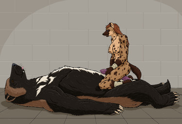 animal_genitalia anthro anthro_on_feral bestiality brown_body brown_eyes brown_fur brown_hair claws duo erection female female_anthro feral fur genitals hair handjob interspecies larger_feral larger_male lying male male/female male_feral markings nude nude_anthro nude_female on_back penile penis sex sheath size_difference smaller_anthro smaller_female spots spotted_body spotted_fur tail thigh_sex tongue tongue_out whiskers strega gnoll gulonine hyena mammal mustelid musteline wolverine absurd_res hi_res