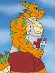 anthro big_pecs bulge food lifeguard lifeguard_swimsuit male muscular muscular_anthro muscular_male pecs popsicle simple_background solo tail whistle_(object) amideo nintendo pokemon taevarth charizard generation_1_pokemon pokemon_(species) 3:4 hi_res