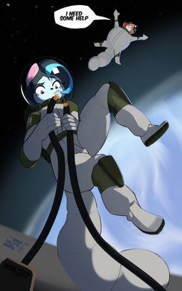 anthro biped clothed clothed_anthro clothed_female clothing dialogue duo female fingers hair space spacesuit speech_bubble star tail teeth text askart canid canine canis domestic_dog mammal procyonid raccoon 2026 5:8 absurd_res digital_drawing_(artwork) digital_media_(artwork) english_text hi_res