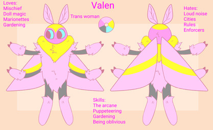 4_arms ambiguous_gender antennae_(anatomy) anthro biped blue_eyes blue_sclera color_swatch fur grey_markings insect_wings lepidopteran_wings markings mouthless multi_arm multi_limb neck_tuft pink_body pink_fur simple_background solo standing text tuft wings yellow_markings anonymous_artist valen_(qibles) arthropod insect lepidopteran moth 2020 digital_media_(artwork) english_text flat_colors hi_res model_sheet trans_(lore) trans_woman_(lore)