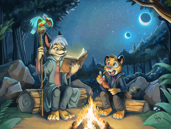 age_difference ambiguous_feral ambiguous_gender anthro blue_body blue_eyes blue_feathers campfire clothed clothing feathers female female_anthro feral fur glistening glistening_eyes green_body green_eyes green_feathers group hair head_tuft heterochromia log logo male male_anthro moon mouth_closed night open_mouth purple_eyes short_hair sitting size_difference star tan_body tan_fur trio tuft white_body white_fur white_hair wood yellow_body yellow_fur young young_anthro young_male pandapaco avian canid canine felid mammal pantherine tiger artist_logo hi_res signature