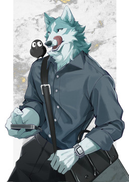 anthro athletic athletic_anthro athletic_male bag beak black_body black_bottomwear black_clothing black_nose black_pants black_shirt black_topwear blue_body blue_eyes blue_fur bottomwear button_(fastener) cellphone cheek_tuft clock clothed clothing duo electronics facial_tuft feathers fur grey_clothing grey_shirt grey_topwear holding_object holding_phone humanoid_hands licking licking_lips long_pants looking_aside looking_away male multicolored_body multicolored_fur neck_tuft open_mouth pants phone rolled_up_sleeves satchel shirt simple_background smartphone solo teeth tongue tongue_out topwear tuft two_tone_body two_tone_fur veiny_arms watch white_background white_body white_fur dxmdwq764027 brand_new_animal studio_trigger kuro_(brand_new_animal) shirou_ogami avian bird canid canine canis corvid corvus_(genus) crow mammal oscine passerine wolf half-length_portrait hi_res portrait