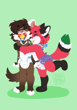 ambiguous_gender anthro clothed clothing cushies_(diaper) diaper duo hug neonate object_in_mouth pacifier pacifier_in_mouth wearing_diaper young young_ambiguous young_anthro wuta-tumaki abuniverse cushies canid canine fox mammal mustelid otter absurd_res hi_res