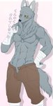 anthro arm_wraps blush bottomwear bulge claws clothing finger_claws fur fur_tuft grey_body grey_fur grey_tail hand_wraps inner_ear_fluff male monotone_bottomwear monotone_clothing monotone_pants monotone_tail muscular muscular_male neck_tuft nipples open_mouth solo tail tuft wraps wrist_wraps rio_(artist) kemono_michi:_rise_up wolfgang_von_kraftman canid canine canis mammal wolf hi_res