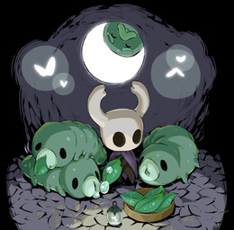 2_horns ambiguous_gender biped black_eyes cloak clothing feral green_body group horn lamp lantern leaf motion_lines standing arizuka00 hollow_knight team_cherry grubfather the_knight_(hollow_knight) arthropod grub_(hollow_knight) vessel_(species) 2021