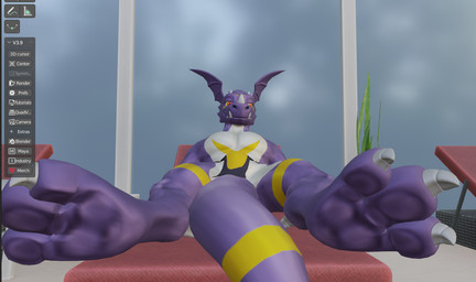 anthro art_program_in_frame big_tail bottomwear bulge claws clothing eyewear first_person_view hand_on_belly hand_on_leg head_wings horn leaning leaning_backward loincloth lounger male paws public relaxing solo spikes spread_legs spreading sun_lounger sunbed tail text unusual_wing_placement vibing wings conditional_dnp samagthrav2 f3lixc4tus_(modeler) bandai_namco blender_(copyright) digimon mythology dragoneer_(character) dragon murasadramon mythological_creature mythological_scalie scalie 3d_(artwork) blender_(artwork) digital_media_(artwork) english_text