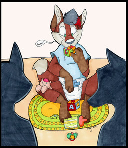anthro baby_bottle black_border blue_clothing blue_shirt blue_topwear bodily_fluids border clean_diaper clothed clothing diaper fur group pacifier rug saliva shirt simple_background t-shirt topwear toy toy_cube wearing_diaper white_background 2013