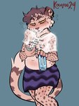 anthro beverage blush bodily_fluids bottomwear clothing crop_top distracted energy_drink femboy male shirt skirt solo sweat topwear translucent translucent_clothing kodiyuu cheeth cheetah felid feline mammal 3:4 hi_res