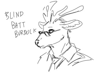 anthro beverage blind clothed clothing disability eyewear fluffy fur glasses horn male necktie simple_background solo text white_background caleb_crow marvel daredevil deer mammal headshot_portrait monochrome portrait sketch