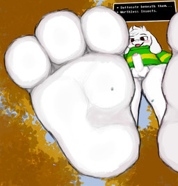 3_toes anthro balls bottomless clothed clothing dialogue dialogue_box extreme_size_difference feet foot_fetish foot_focus foot_play foreskin genitals green_clothing green_sweater green_topwear group low-angle_view macro male male/male micro pattern_clothing pattern_sweater pattern_topwear penis size_difference soles striped_clothing striped_sweater striped_topwear stripes sweater text toes topwear trio ahedeg undertale undertale_(series) asriel_dreemurr absurd_res english_text hi_res