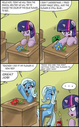 brush cutie_mark desk dialogue duo ellipsis female feral flower fur furniture hair horn multicolored_hair open_mouth paint plant purple_body purple_eyes purple_fur purple_hair school sitting table tail text two_tone_hair white_hair young ciriliko friendship_is_magic hasbro microsoft minecraft mojang my_little_pony mythology xbox_game_studios trixie_(mlp) twilight_sparkle_(mlp) creeper_(minecraft) equid equine mammal mythological_creature mythological_equine unicorn 2013 absurd_res comic crossover english_text hi_res