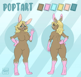 abstract_background anthro blonde_hair blue_eyes breasts brown_body brown_fur cheek_tuft eyewear facial_tuft featureless_breasts featureless_crotch female front_view fur gesture glasses gloves_(marking) hair leg_markings looking_at_viewer markings nude open_mouth open_smile pink_body pink_fur pink_inner_ear pink_nose rear_view scut_tail short_tail smile socks_(marking) solo spotted_arms spotted_legs standing tail tuft waving waving_at_viewer tiggybloom poptart_(poptartthebun) lagomorph leporid mammal rabbit 2019 dated hi_res model_sheet