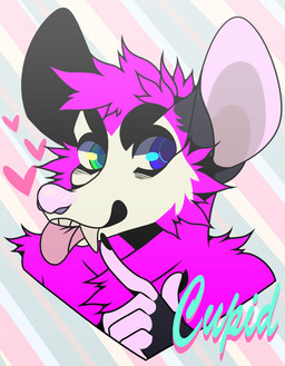 5_fingers anthro arm_tuft black_body black_ears black_fur blep blue_eyes cheek_tuft chest_tuft ears_up facial_tuft fangs fingers front_view fur glistening glistening_eyes green_eyes hair heart_symbol heterochromia looking_aside male pattern_background pink_body pink_fur pink_hair pink_nose shoulder_tuft simple_background solo striped_background teeth tongue tongue_out tuft white_body white_fur princelykaden american_opossum mammal marsupial bust_portrait portrait