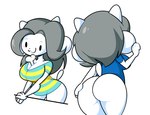 anthro big_breasts big_butt blush bone bottomless breasts butt cleavage clothed clothing dot_eyes female grey_hair hair hand_on_butt object_between_breasts shirt smile solo thick_thighs topwear white_body ekkokenight undertale undertale_(series) temmie_(undertale) canid canine canis domestic_dog felid feline mammal tem hi_res